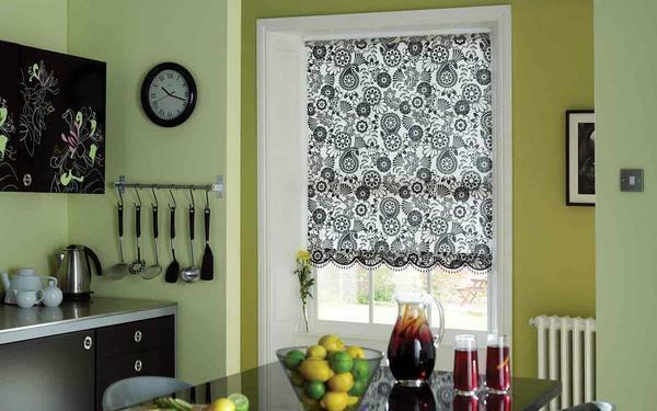 For the kitchen perfectly fit black and white Roman blinds