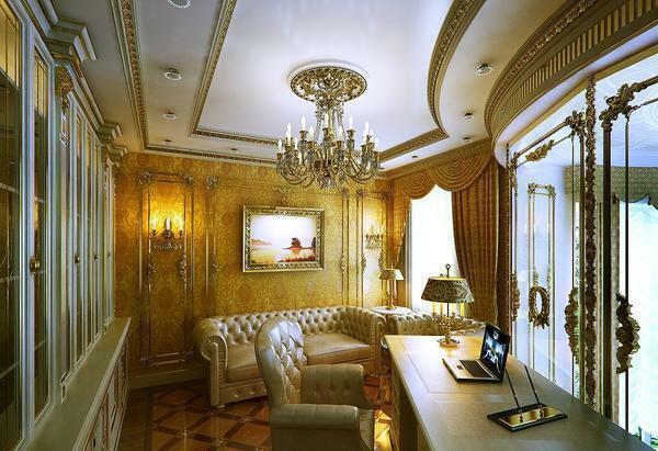 Wallpaper cor de ouro no interior ajudará a identificar status elevado criaturas habitação, sublinhou mobiliário de luxo aristocráticas e riqueza de design