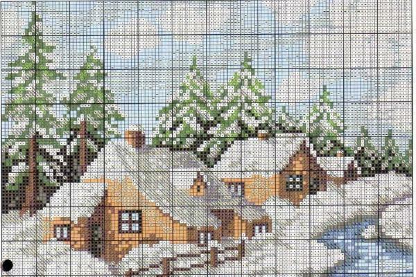 Cross-stitch patterns for winter: deer in the winter forest, download the village for free, evening festive and Russian night