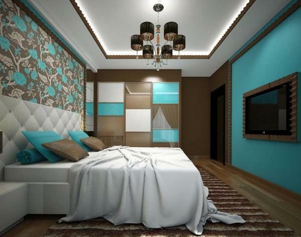 Turquoise tapeter i det inre, foto, vägg, färg, brunt och vitt, med en bild i rummet
