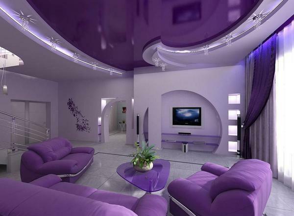 Lilac stretch ceiling fits well with purple wallpaper and curtains
