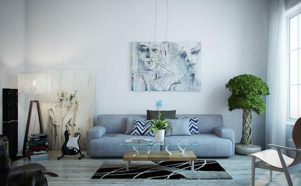 Blå Stue: foto og tone av farge i interiørdesign grå og hvite nyanser hjemme, beige og sjokolade