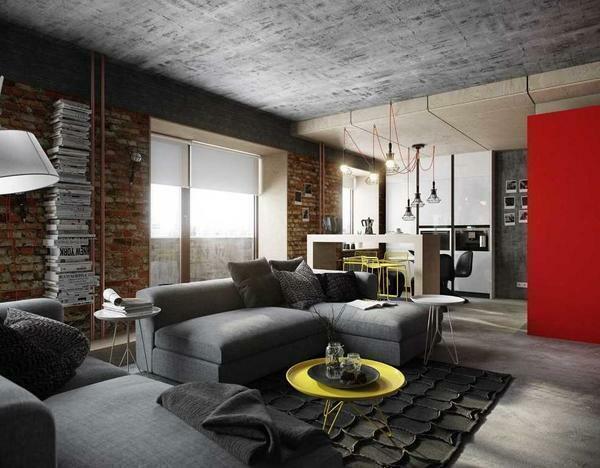 Loftstil eignet sich für Ein-Zimmer-Wohnung mit angrenzender Küche und Wohnzimmer, das in einer Farbe ausgegeben werden können