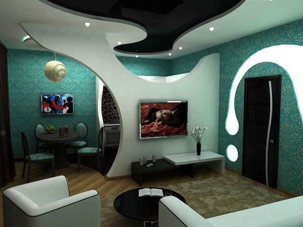 Zoning of the living room with the help of decorative plasterboard construction will create an optical illusion, thus increasing the attractiveness of the interior
