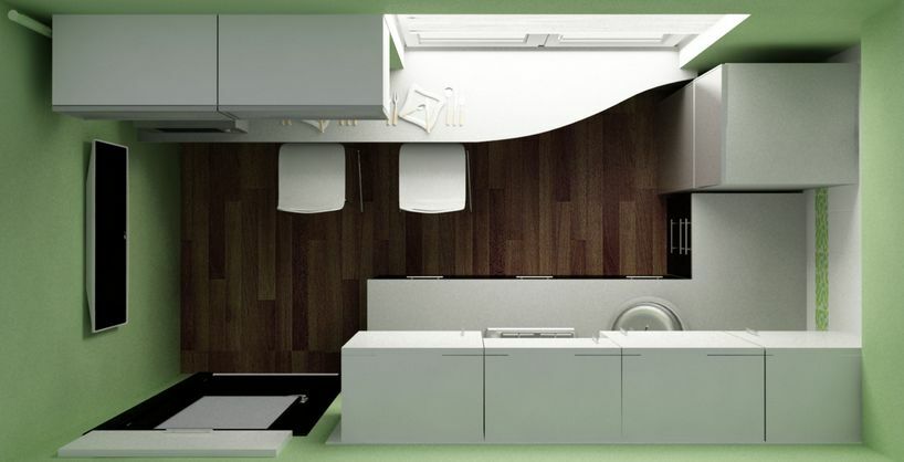 Het ontwerp van de smalle keuken: volledig uitgeschoven een beetje langer en een kleine eetzaal