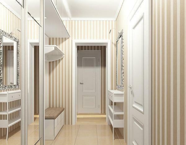 Striped wallpaper is well suited for a narrow hallway in the panel house