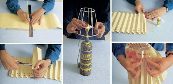 Memperbaharui sebuah lampu meja tua: kap lampu baru terdiri dari kertas, lepaskan kabel bengkok atau pita.