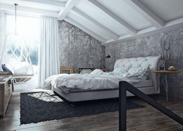 Beyaz yatak odası loft tarzı hafifliğini ve tazeliğini çizer
