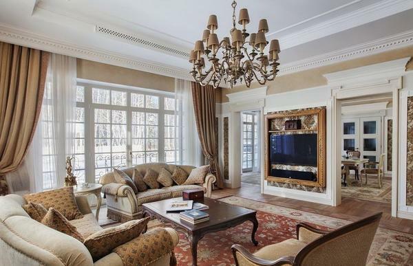 Luxusný interiér obývacej izby: najdrahšie elitnej nábytok, elegantné fotky, exkluzívny dizajn, mäkký múr