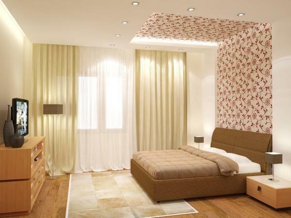 When choosing the color of the wallpaper for the ceiling, consider the room lighting and the interior feature