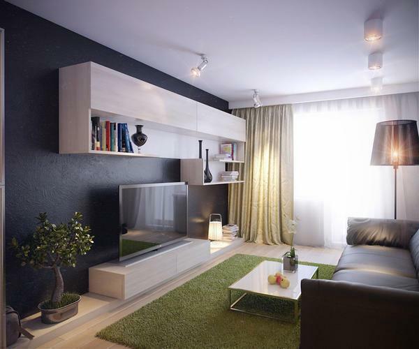 Rekomenduojama derinti spalvas į nedidelį kambarį, pavyzdžiui, pasirinkti tą patį spalvų schemą tapetai ir sofa