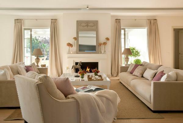 Living room in beige tones: interior combinations, photo with bright accents, light gray and blue walls