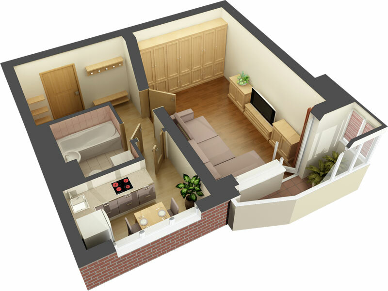 Desain apartemen studio dari 40 meter persegi, serta studio desain modern 30, 35, 50 sq m