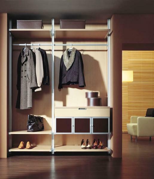 The wardrobe with clothes hangers perfectly fits into the interior of the large hallway