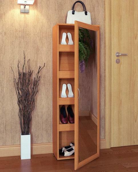 Vyzdvihnúť úzky skrinku pre obuv by mala byť tak, že dokonale dopĺňa interiér chodby