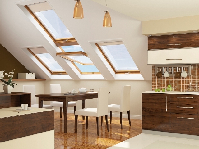 Brown and white kitchen in the attic