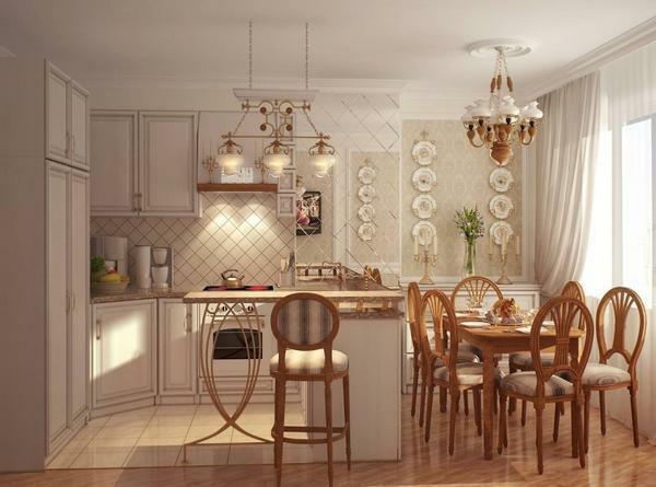 Beautiful country style will look in the interior of the adjacent kitchen-living room