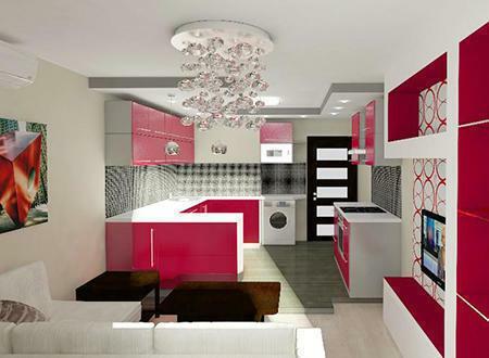 Die rationelle Gestaltung von Küchengeräten ermöglicht Platz in der Küche, Wohnzimmer Fläche von 18 sq.m