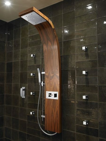 The original design of shower enclosure: a combination of tile and wood