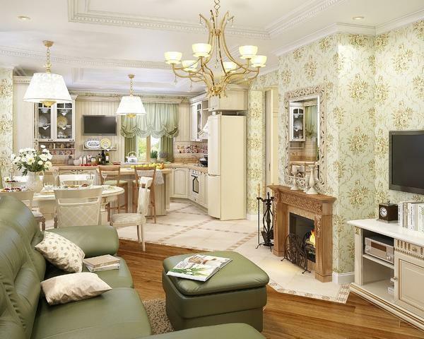 Um ein harmonisches Interieur Möbel in der Küche zu schaffen, sollte das Wohnzimmer in der gleichen Farbe und Stilrichtung gewählt werden