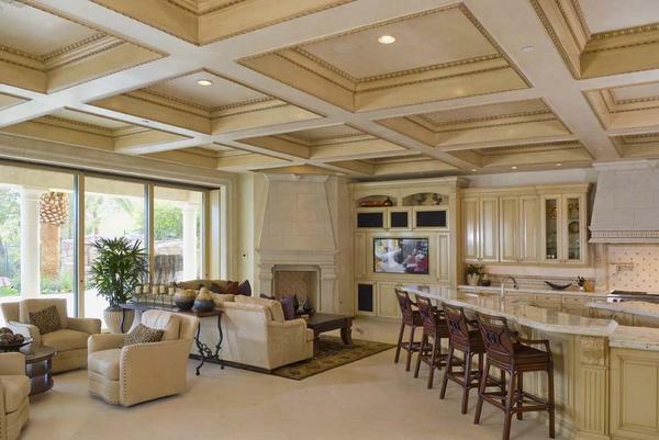 The coffered ceiling made of polyurethane is not afraid of water or fire. If you want, you can choose any color solution or drawing