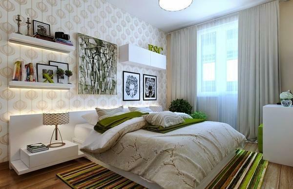 An excellent option for a small bedroom is the location of the bed in the center of the room