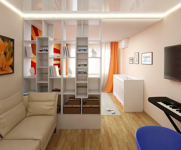 Vizuálne rozdeliť priestor v miestnosti, môžete použiť kreatívne strop a farebné schémy