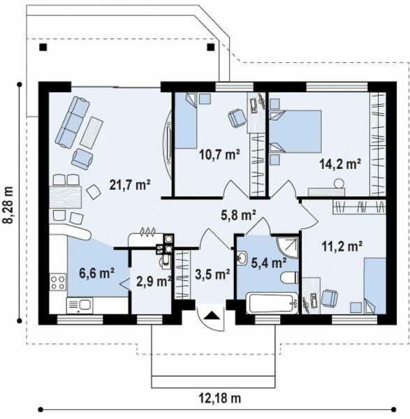 Layout «Z7» Projekt umfasst ein Wohnzimmer, Küche, drei Schlafzimmer, Bad und Flur