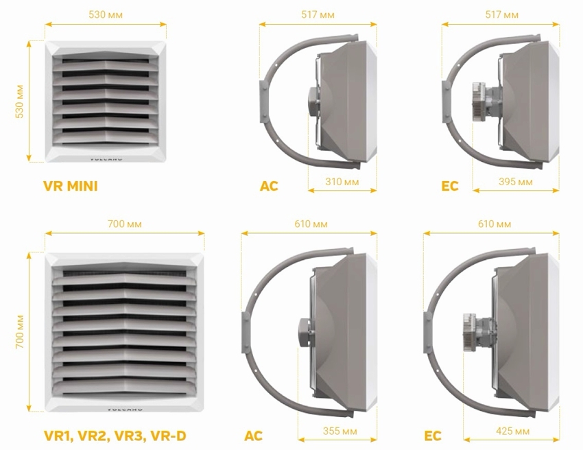 Dimensions of various fan heaters from Volcano