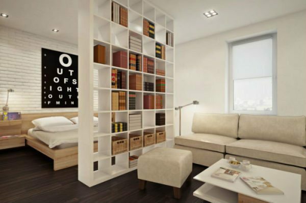 Rack solve the problem not only delimitation of the room, but also the storage of books