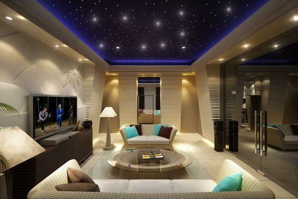 For fans of non-standard interiors a good option will be the use of a starry stretch ceiling with built-in spotlights