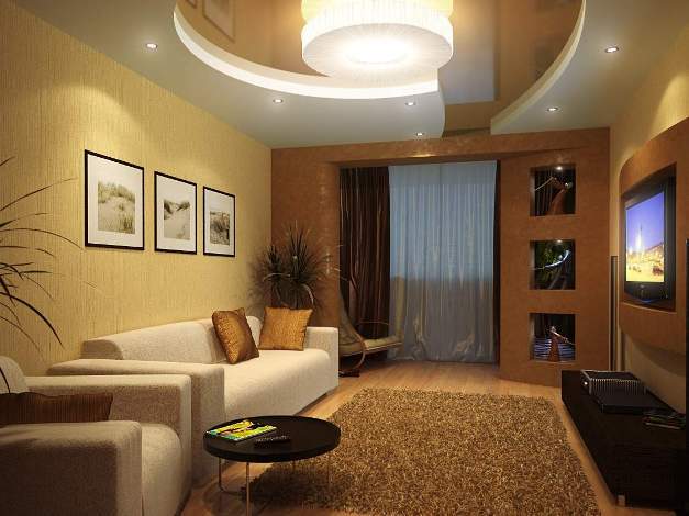 Ruangan perbaikan di apartemen Foto: Interior desain ruang tamu, desain yang indah dan dimensi standar