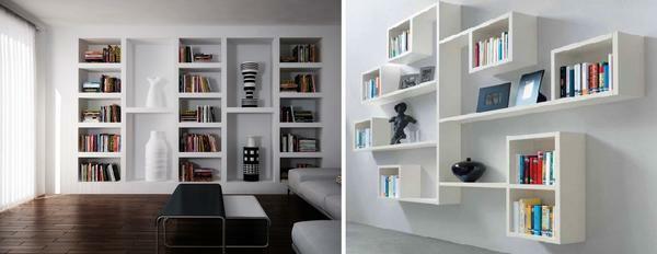In de woonkamer kunt u een plank voor boeken, gemaakt van gipsplaat regelen, of te maken aan de muur set van planken tot aan het plafond