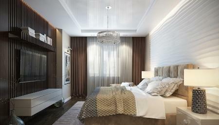 Gražus ir jaukus miegamasis gali būti sukurta šiuolaikinio stiliaus, naudojant įvairias spalvas