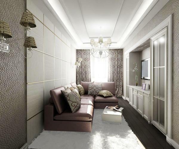 Dizains šaura dzīvojamā istaba: foto interjera garu, izstiepts izkārtojumu, zāle ziemeļu pusē, ap mājas telpā