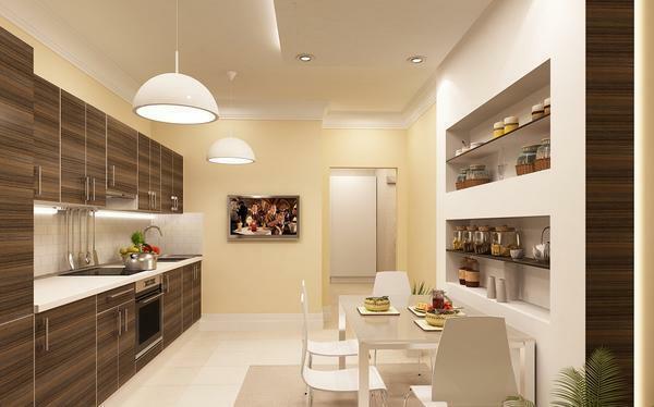If the corridor is large, then it is possible to place not only items of kitchen furniture for cooking, but also a table