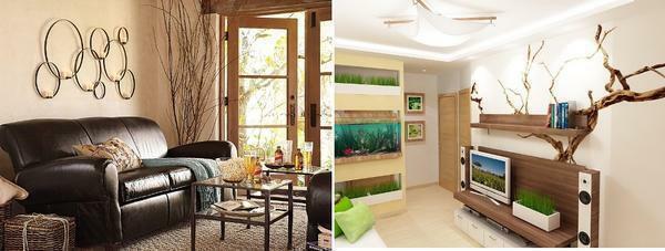 Eco štýlu v obývacej izbe je charakterizovaná prítomnosťou dreveného nábytku, ako aj použitie dekoratívnych prvkov v interiéri prírodných materiálov
