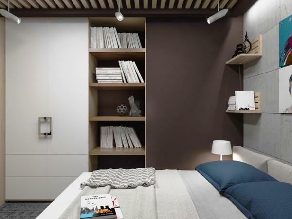 The closet in a small loft-style bedroom must match the length and width of one of the walls, then it will merge with the overall design