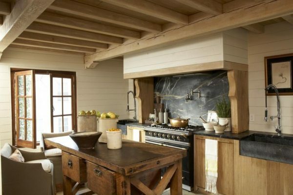 Wooden ceiling beams fit well in any direction of country style.
