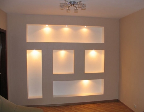 Wall with shelves and illuminated