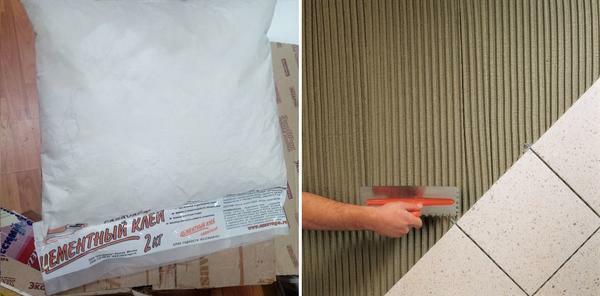 Cement-based glue is a durable and inexpensive material used to fix ceramic tiles on a gypsum board base