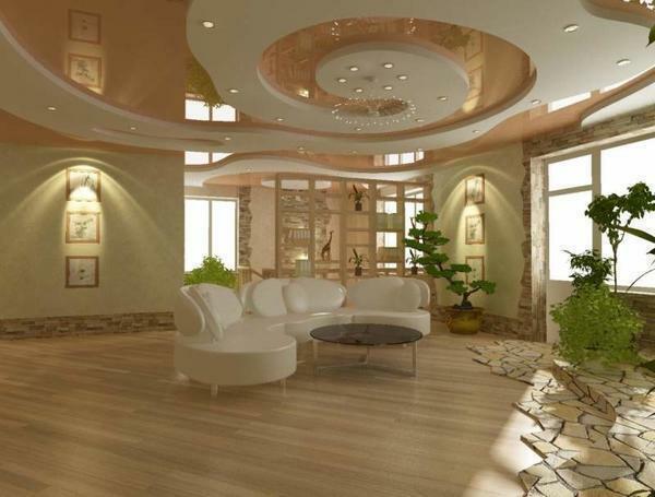Combined ceilings from plasterboard and stretch ceilings are able to hide all the shortcomings and unevenness of the ceiling slabs