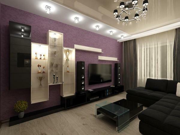 A great option for a modern living room is the high-tech style, in which the lilac combines with dark colors