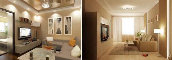 Pre kompaktné obývacej izbe je lepšie použiť malé-veľké lustre a reflektory