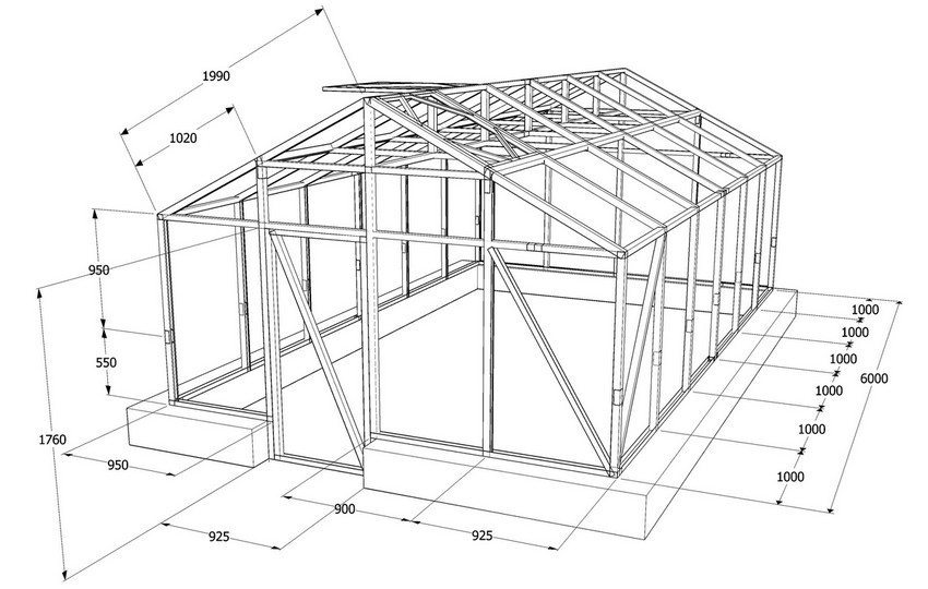 Menggambar dari rumah kaca dengan bingkai berbentuk tabung dan atap pelana