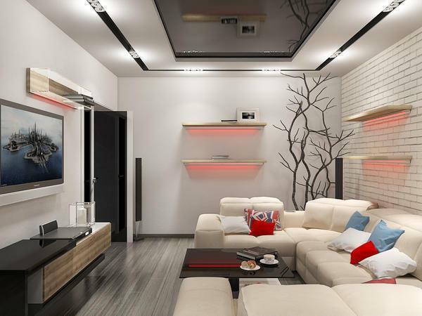 Design-Ideen Wohnzimmer von 16 Quadratmetern.m: Foto und Plätze m² Einrichtung Zoning, realen Raum in einer fünfstöckigen Wohnung