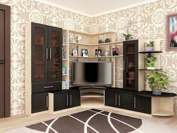 Corner wall for living room - a practical option for original furniture