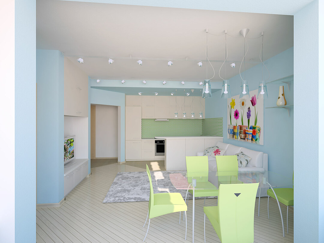 Interjera viesistaba Virtuve: Dizains kopmītnes istaba ar virtuves iekārtu un bērnu