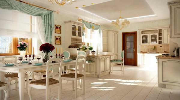 Provence tarzı mutfak-oturma odası iç konfor ve rahatlık eşsiz bir atmosfer oluşturmak için