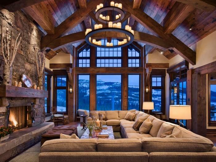 Living room in chalet style: interior photo with fireplace, kitchen design in apartment and at the cottage